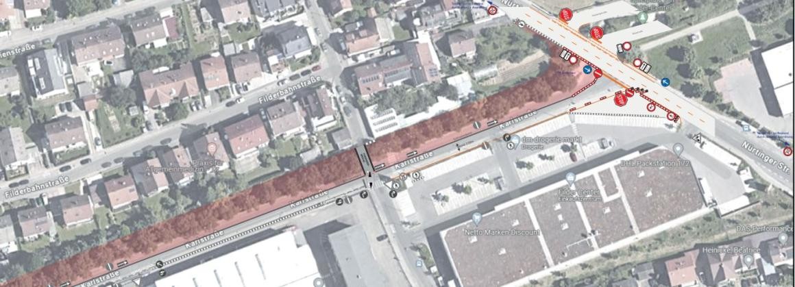 Planskizze zum Sperrungsbereich der Karlstraße/Nürtinger Straße