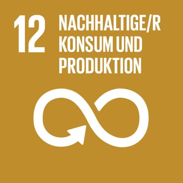 Auf dem Logo ist ein Unendlichkeitssymbol abgebildert. Der Hintergrund ist senf-gelb und es steht mit weisser Schrift geschrieben" Nachhaltige/r Konsum und Produktion"