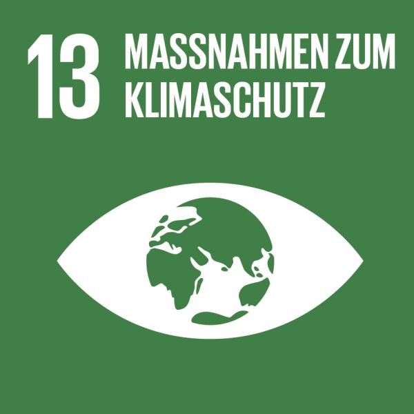 Auf dem Logo ist ein Auge abgebildet. Die Iris ist als Weltkugel dargestellt. Der Hintergrund ist grün und es steht mit weisser Schrift geschriben "Maßnahmen zum Klimaschutz"