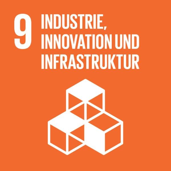 Auf dem Logo sind drei Würfel abgebildet. Der Hintergrund ist orange und auf dem Bild steht in weisser Schrift "Industrie, Innovation und Infrastruktur"