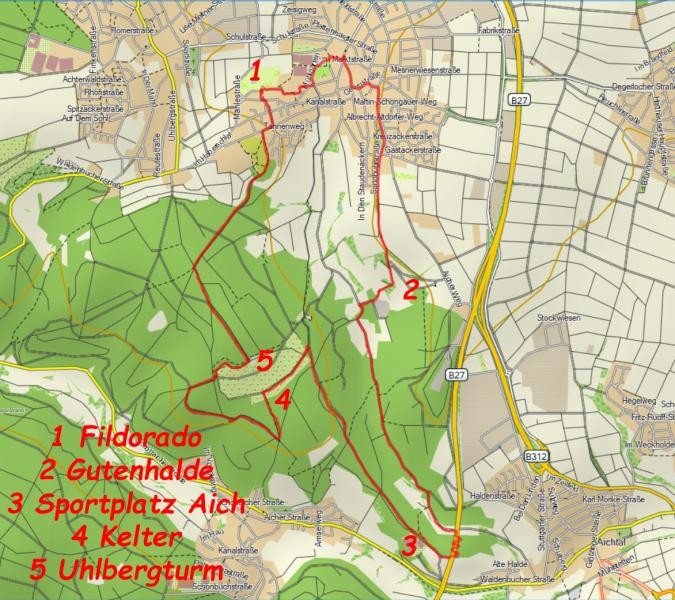 Die Karte zeit die Strecke vom Fildorado über den Uhlbergturm, den Fratzenweg zur Kelter.