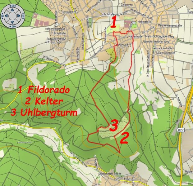 Die Karte zeigt die Laufroute vom Fildorado über den Uhlbergturm zur Kelter