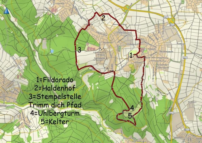 Die Karte zeit die Strecke vom Fildorado über den Uhlbergturm, den Fratzenweg zur Kelter.