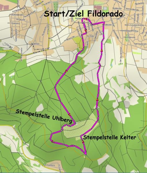 Die Karte zeigt die Laufroute vom Fildorado über den Uhlbergturm zur Kelter