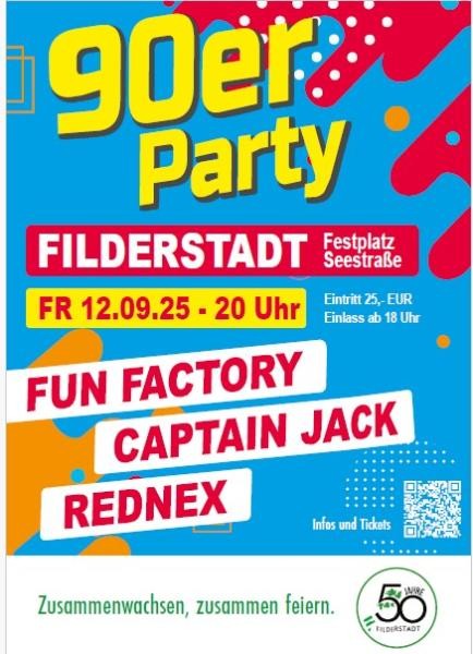Plakat: Stadt Filderstadt Hinweis 90er Party
