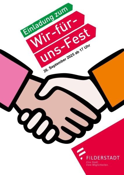 Plakat: Stadt Filderstadt Skizze zwei Hände und Text Einladung zum Fest