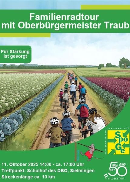 Plakat: Stadt Filderstadt Zeichnung Radelnde über die Felder