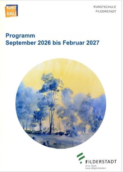 Cover: vhs Filderstadt Titelseite der Broschüre zeigt ein Bild mit Landschaft in Blau