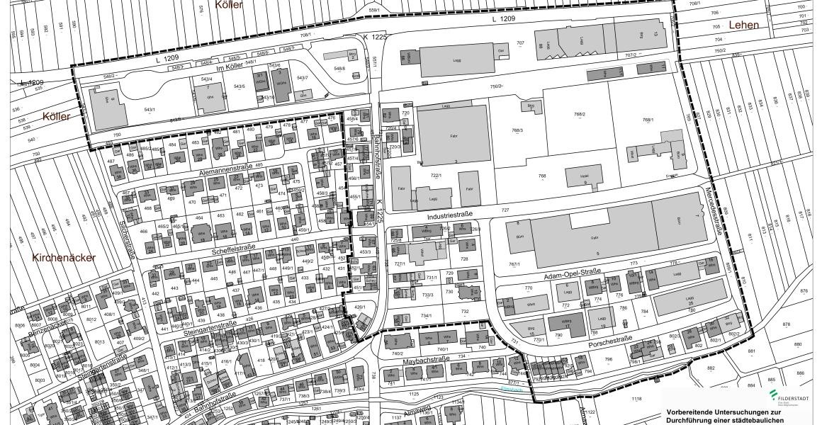 Der Plan zeigt das untersuchungsgebiet Sielmingen Nord. es ist auf dem Stadtplan schwarz eingefärbt