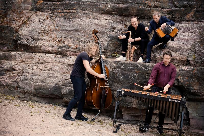 Die vier Musiker spielen vor einer großen Felswand