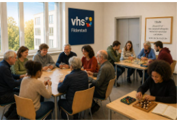 Menschen sitzen in einem Raum an Tischen und spielen