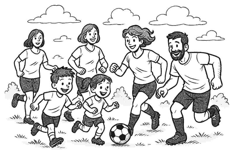 Eine Zeichnung von lachenden Frauen, einem Mann und zwei Kindern, die in Sportkleidung Fußball spielen