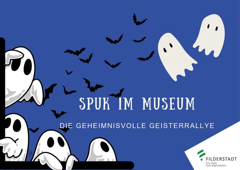 Rallyekarte "Spuk im Museum" mit Darstellungen von Geistern und Fledermäusen.