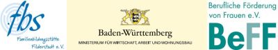 Das Logo besteht aus dem Clime der Familiebildungsstätte, dem Land Baden-Württemberg und dem Logo der beruflichen Förderung von Frauen