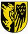 Wappen Bonlanden. Das Wappen ist zweigeteilt. Auf der linken Seite ost ein gelber Löwe auf schwarzem Hintergrund abgebildet. Auf der rechten Seite ein schwarzer Flügel auf gelbem Hintergrund.