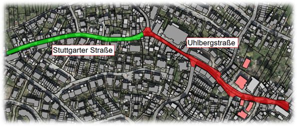 Der Plan zeigt die beiden Bauabschnitte an der Stuttgarter Straße (grün) und der Uhlbergstraße (rot) in Plattenhardt. 