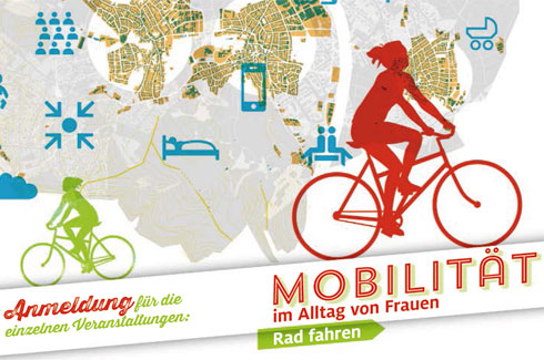 Auf dem Logo gefindet sich eine Radfahrerin mit dem Slogen Mobilität im Alltag von Frauen