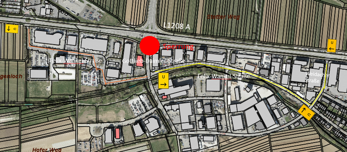 Skizze Sperrbereich und Umleitungsrouten