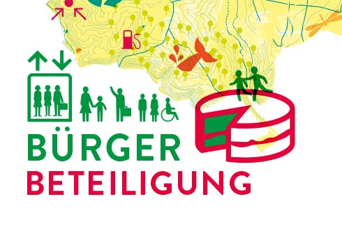 Auf dem Bild sind viele grüne Figuren zu sehen. Rechts ist ein angeschnittener Kuchen zu sehen. In Großbuchstaben steht das Wort BÜRGERBETEILIGUNG auf dem Bild
