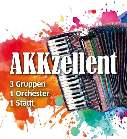 Plakat: e Skizze mit Akkordeon vor Farbklecksen